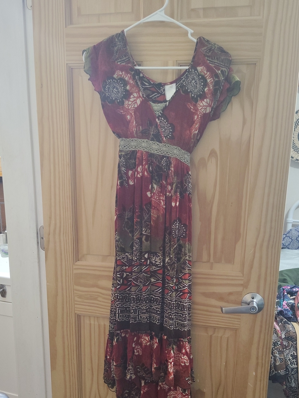 Red Floral Boho Midi High Low Dress with Lace Waist